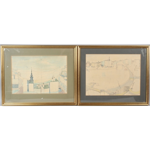 62 - PRESTON GODDARD (1928-2009)  Harbour view  and another coastal scene  two ink and wash drawings  bot... 