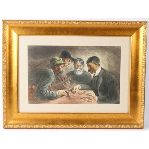 72 - IMRE REVESZ (1859-1945)  'Osztozkodok'  four men sharing out coins at a table  coloured print  31 x ... 