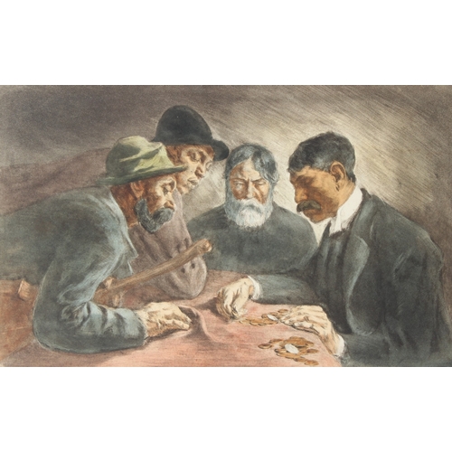 72 - IMRE REVESZ (1859-1945)  'Osztozkodok'  four men sharing out coins at a table  coloured print  31 x ... 