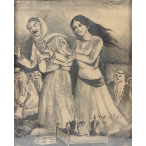 73 - YAHYA ALDARAJI (IRAQ 20TH CENTURY)  Ceremonial dancer and drummer  charcoal on paper  signed  51 x 4... 