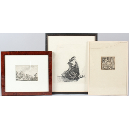 91 - AFTER REMBRANDT  Self portrait  print by Rae Boer  21 x 16cm  two other prints  landscape and  woman... 