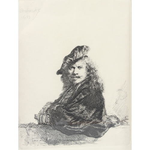 91 - AFTER REMBRANDT  Self portrait  print by Rae Boer  21 x 16cm  two other prints  landscape and  woman... 