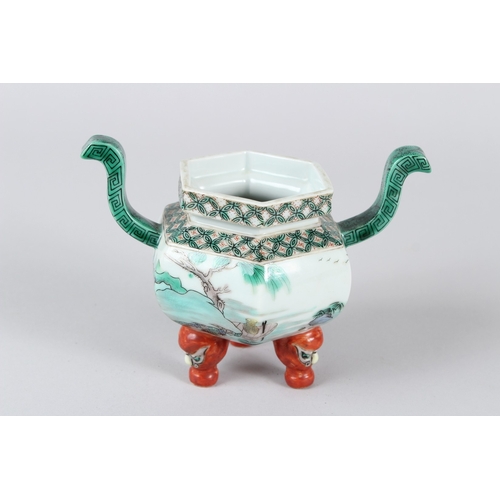 3 - A CHINESE QING DYNASTY FAMILLE VERTE PORCELAIN BURNER.  11cms high.
