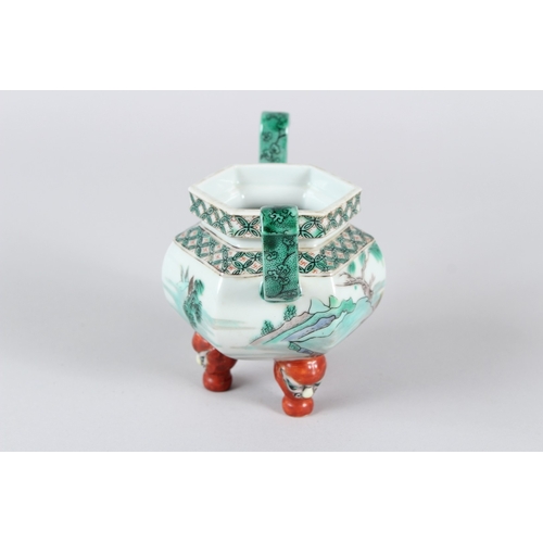 3 - A CHINESE QING DYNASTY FAMILLE VERTE PORCELAIN BURNER.  11cms high.