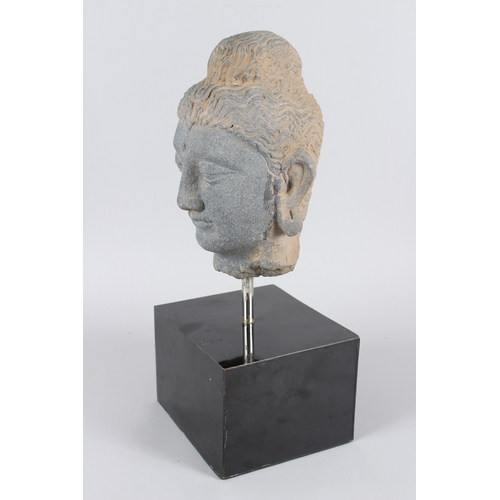 32 - A CARVED STONE HEAD OF BUDDHA from the GANDHARA REGION.  20cms high, on a marble base.