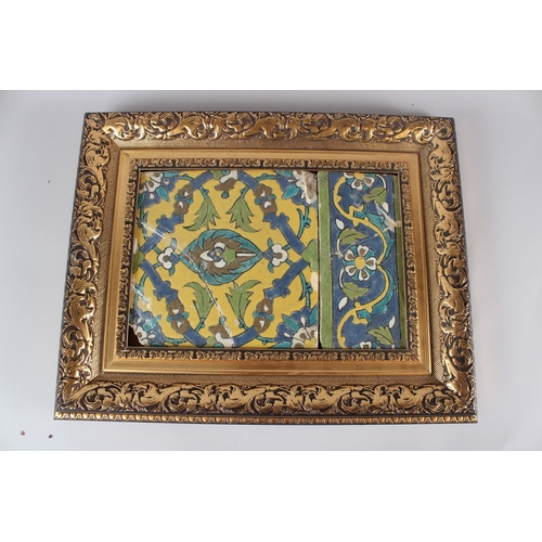46 - A 19TH CENTURY SAFAVID POTTERY TILE, with similar border tile, both with stylised floral decoration,... 