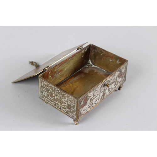 49 - A 19TH CENTURY SYRIAN SILVER AND COPPER INLAID BRASS BOX.  11cms wide.