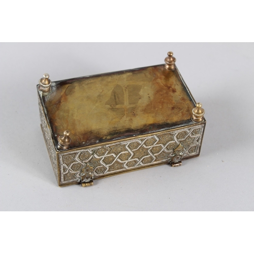 49 - A 19TH CENTURY SYRIAN SILVER AND COPPER INLAID BRASS BOX.  11cms wide.