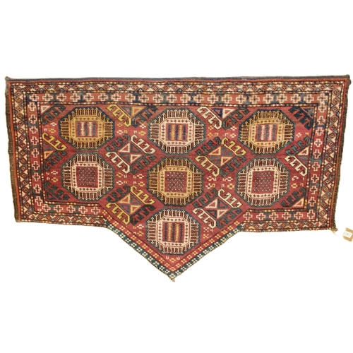 50 - AN ANTIQUE TURKMEN OR TURKISH WOOLLEN ASMALYK (HANGING).  130cms x 80cms.