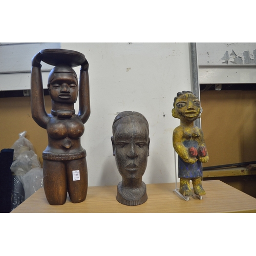 100 - Two carved wood African figures and a carved wood bust.
