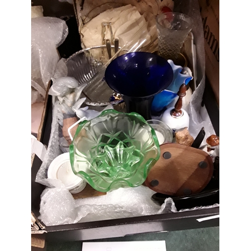 1022 - Two boxes of various china, glassware, ornaments, Poole pottery and an ornament of a glass dog.