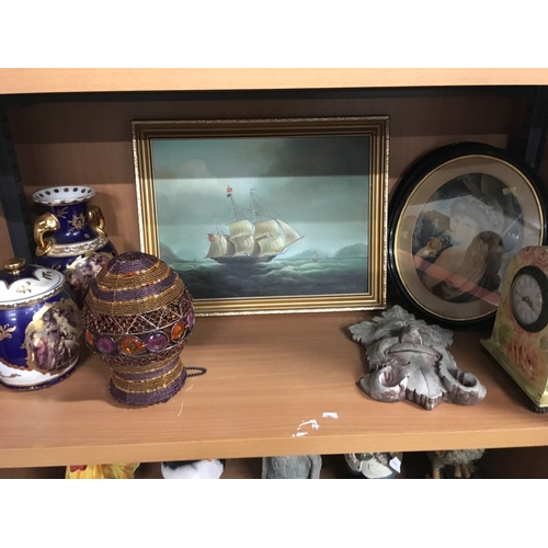 1059 - An oil painting of a ship with two other pictures, biscuit jars etc.