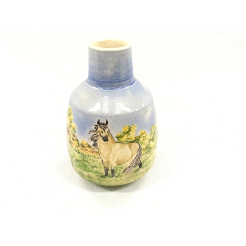 36 - Poole Pottery Alan White hand thrown mini vase horses & foul painted by Jane Brewer 1 of 1, 4.5