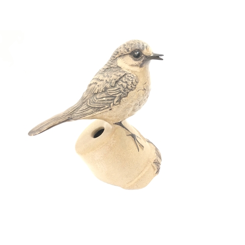 82 - Poole Pottery stoneware robin on a flowerpot - beak open, modelled by Barbara Linley-Adams. Manufact... 