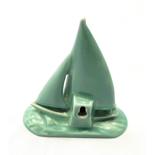 152 - Poole Pottery 1930s small yacht in a picotee green glaze 4.5