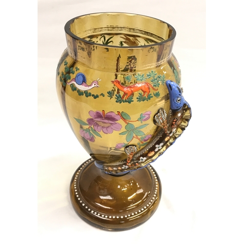 984 - Hand-painted coloured glass vase with lizard in relief, flowers and fauna - 27cm high.
