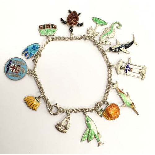 1100 - A silver charm bracelet set with enamel charms.