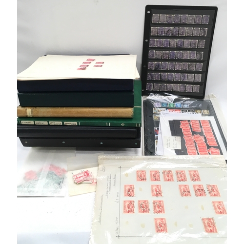 218 - Box of empty albums/stockbooks. Some stamps including quantity of unfranked GB decimal.