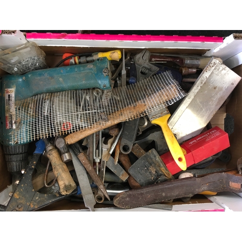 399 - A box of vintage hand tools and a Makita drill.