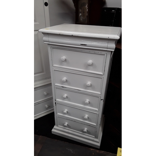 1607 - A painted mahogany tallboy chest of six drawers to include secret drawer. 49.5 inches high x 25 inch... 