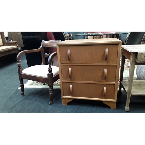 1613 - A teak bedroom chest of three drawers with mahogany bedroom chair.