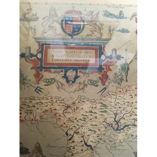 493 - A framed and glazed Saxton’s Map of Cornwall, 1576. Printed by Taylor Limited 1970.