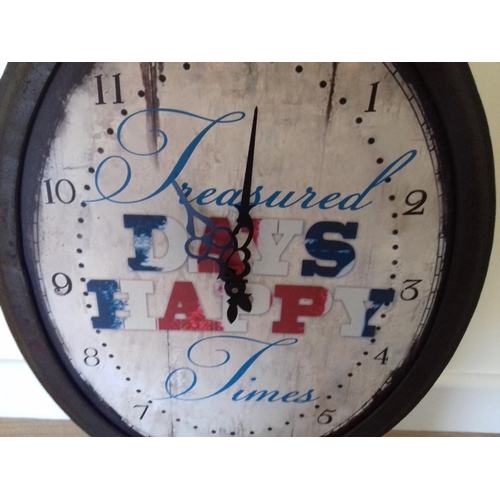 1313 - Large (67cm high) shabby chic metal clock with the words 