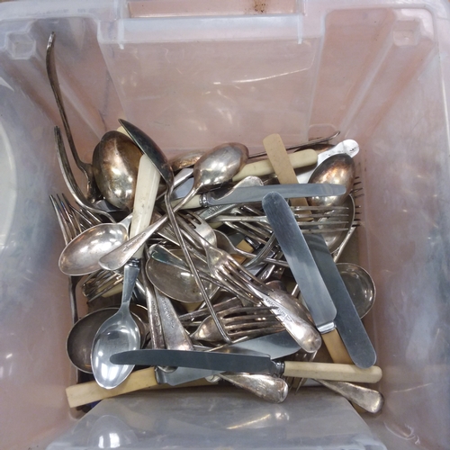 1321 - A wooden storage box with silver plated cutlery.