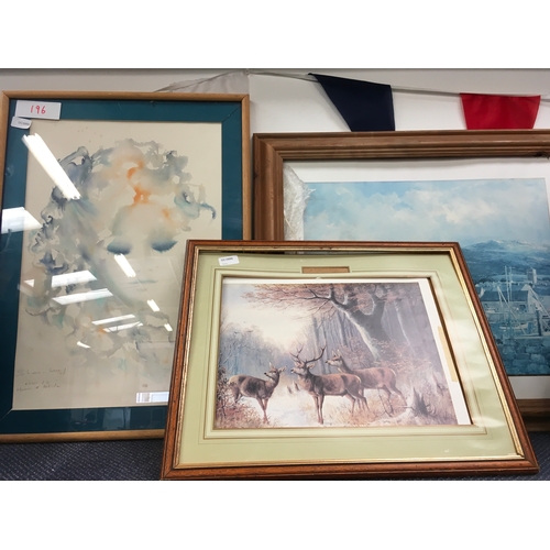 2355 - Two framed prints (no glass) together with a watercolour (ref:196,200,201).