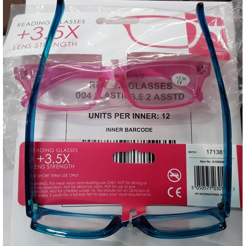 2336A - 144 pairs new boxed 3.5 reading glasses pink & blue frames (12 boxes x 12 in wach).