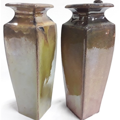 210 - Carter & Co Poole Pottery stunning pair of early lustre vases of square moulded form depicting an ap... 