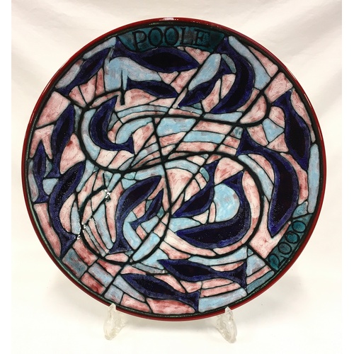 102 - Poole Pottery studio Tony Morris charger (Poole 2000) depicting fish, signed by artist J.16, boxed 1... 