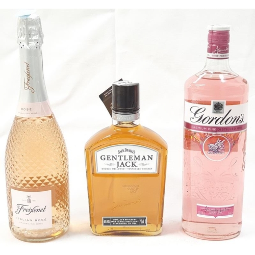 123 - Three bottles of alcohol: 1L Gordons Pink gin, 70cl Jack Daniels Gentleman Jack whiskey and Freixene... 