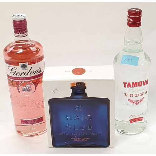 157 - Three bottles of alcohol: 70cl Haig Club Single Grain Scotch whiskey, 1L Tamova Vodka and 1L Gordons... 