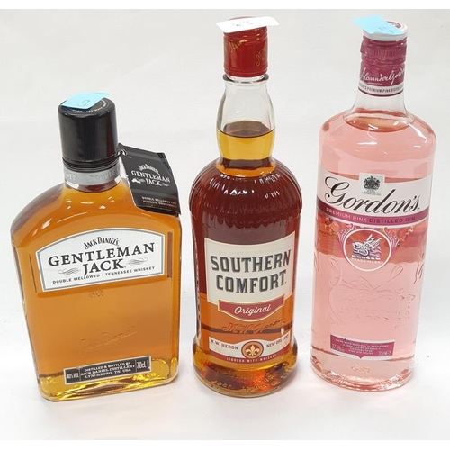 158 - Three bottles of alcohol: 70cl Gordons Pink gin, 70cl Jack Daniels Gentleman Jack whiskey and 70cl S... 