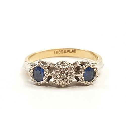 316 - 18ct gold and platinum ladies diamond and sapphire 3 stone ring. Size N (Ref 12).