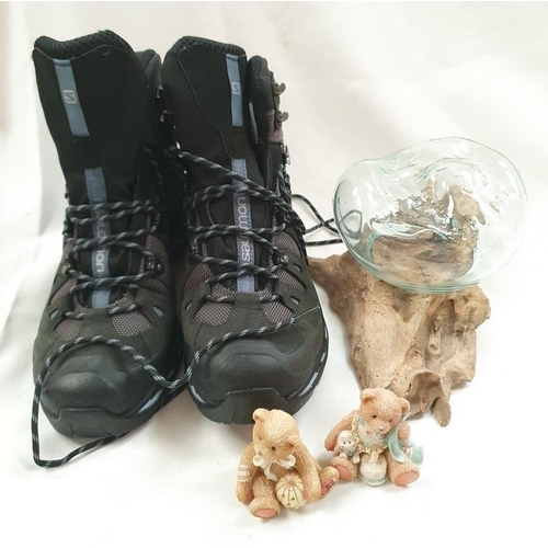 414 - A pair of Salomon walking boots size 6.5 together with a wood and glass ornament and two cherished t... 