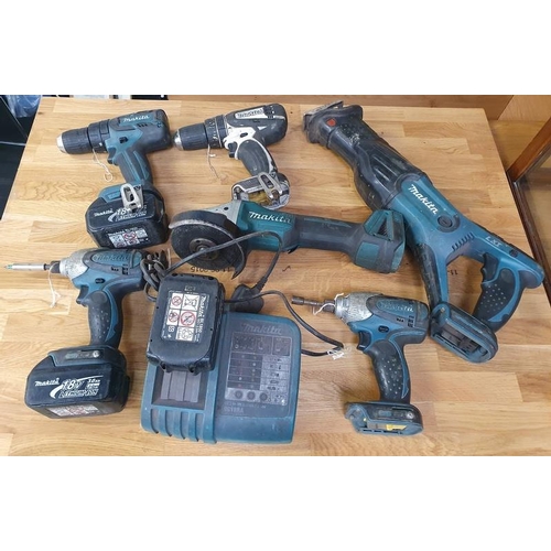 378 - Various Makita Power Tools to include four drills, angle grinder, DJP181 saw and a battery charging ... 