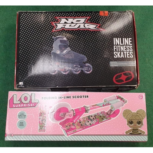 379 - No Fear Inline Fitness rollerskates together with a LOL Folding in line scooter both boxed(REF 17, 2... 