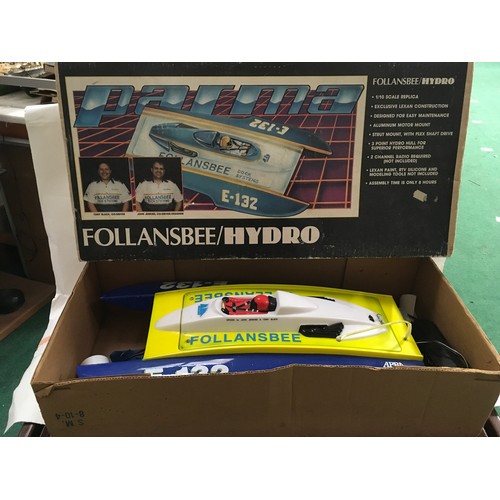 296 - Follansbee/Hydro radio control racing boat with instructions and box.