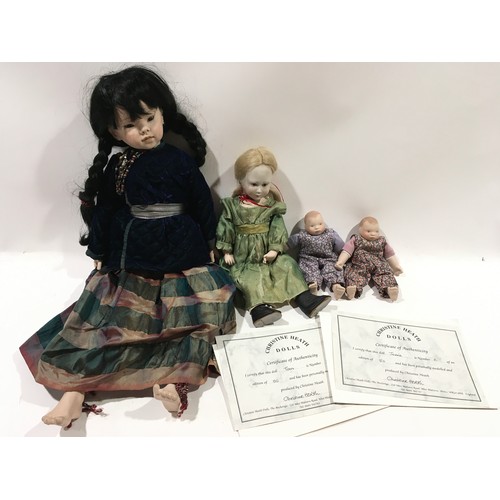 340 - Two Christine Heath limited edition small dolls - Jessie and Tom together with two other bisque doll... 