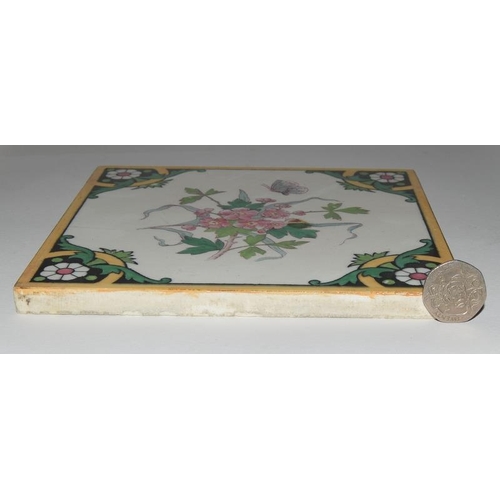 1 - Minton Hollins & Co set of 6 tiles from the Floral Series with yellow border c1870s, 6
