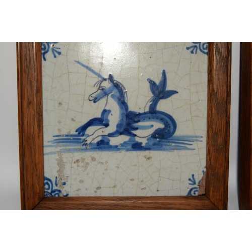 13 - Dutch Delftware blue & white tin glazed framed tile depicting a Hippocampus c1600, 6.1