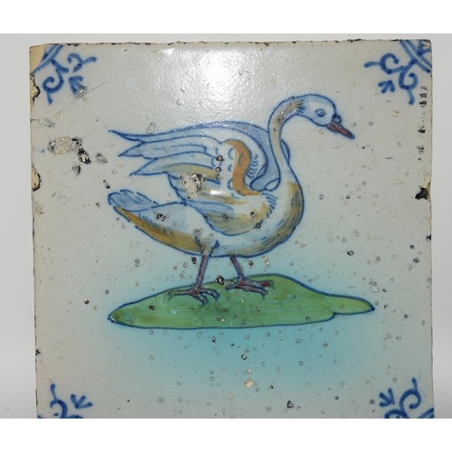 14 - Dutch Delftware Tile depicting birds c1630-40s, plus one other also depicting birds each tile approx... 