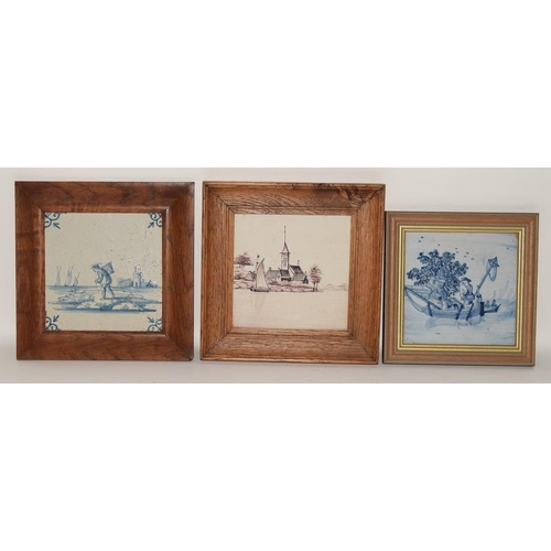 15 - Blue & white Delft Tile with a Dutch design depicting a harbour scene framed 18th century 6.3