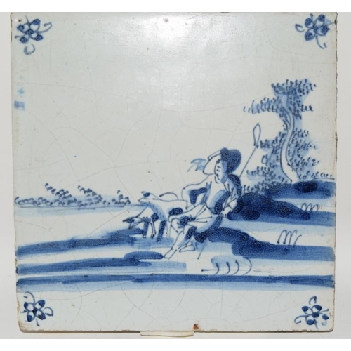 20 - Dutch blue & white Delftware tile with lowlands tin glaze depicting a shepherd & shepherdess c1660, ... 