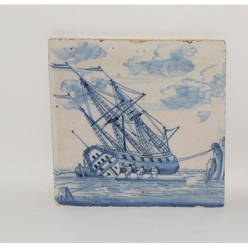 22 - Dutch Delftware blue & white tile depicting a shipwreck scene circa 18th century 5
