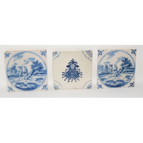 23 - Dutch Delftware pair of blue & white tile depicting figures on a journey circa 18th century, togethe... 
