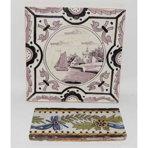 25 - Dutch Delftware manganese glaze tile depicting a coastal scene c1880s 6