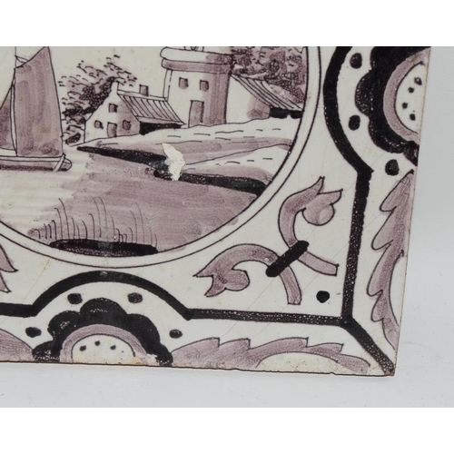 25 - Dutch Delftware manganese glaze tile depicting a coastal scene c1880s 6